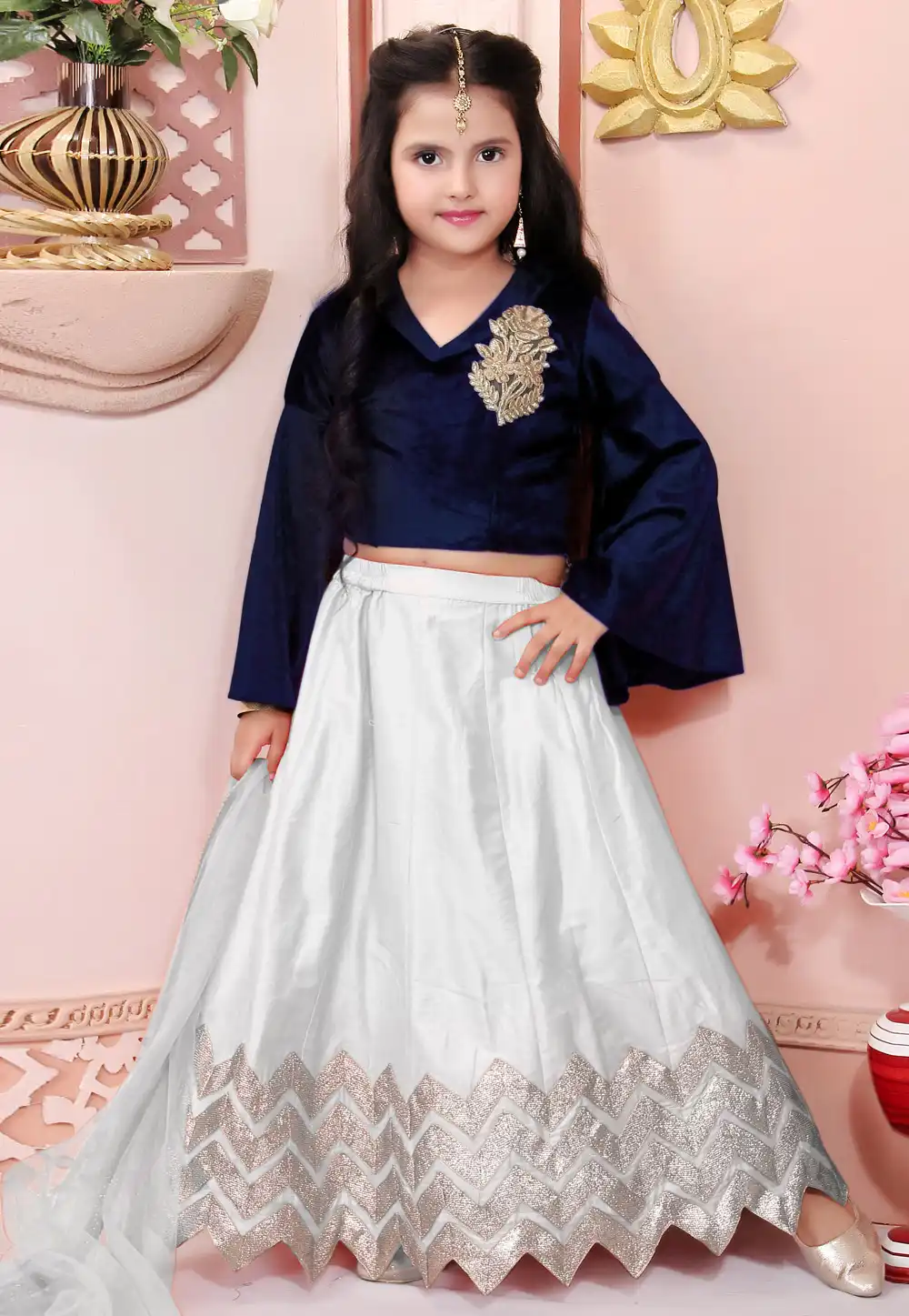 Navy Blue Cotton Silk Kids Lehenga Choli 312262