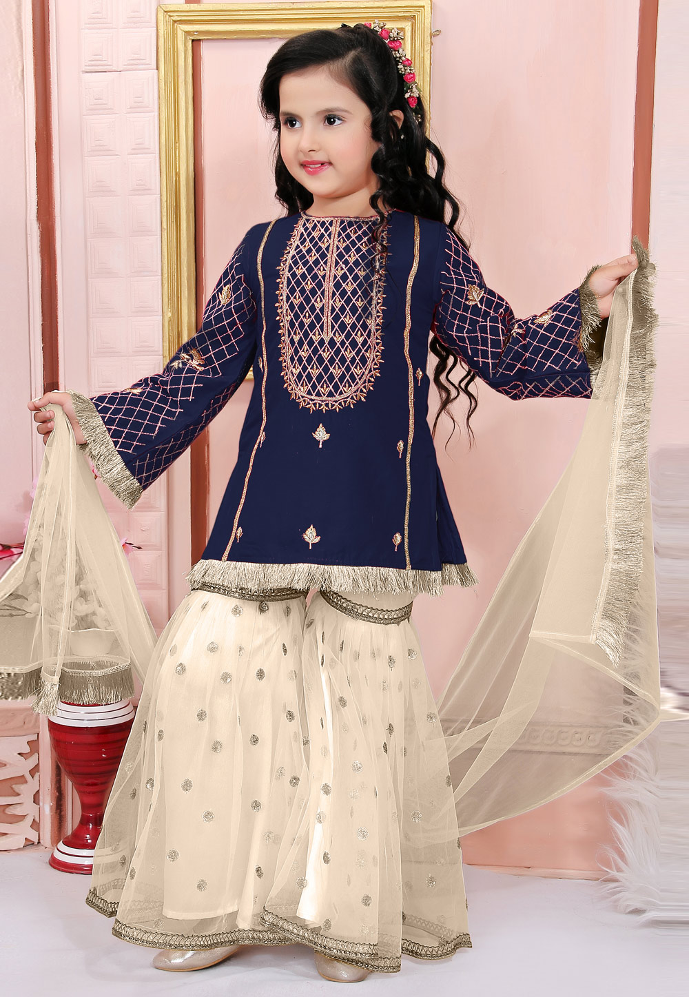 Navy Blue Cotton Silk Kids Sharara Suit 312242