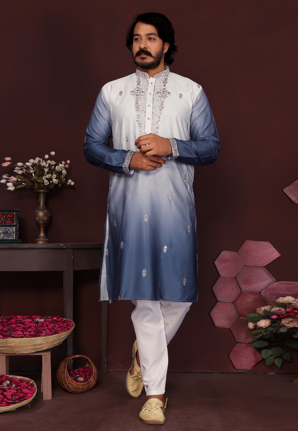 Navy Blue Cotton Silk Kurta Pajama 321010