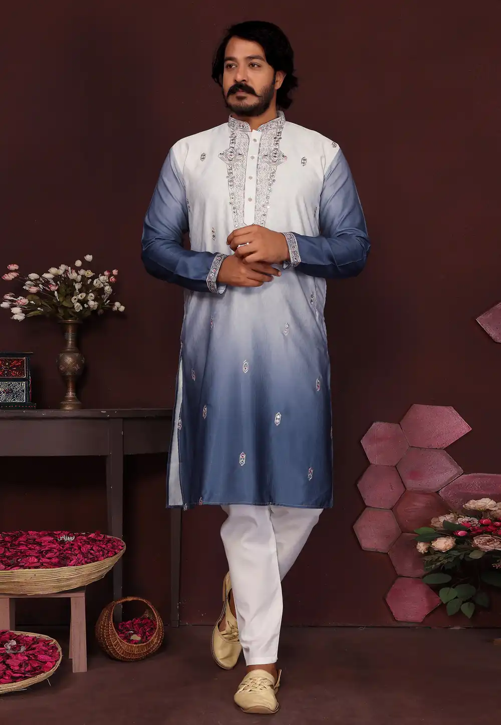 Navy Blue Cotton Silk Kurta Pajama 321010