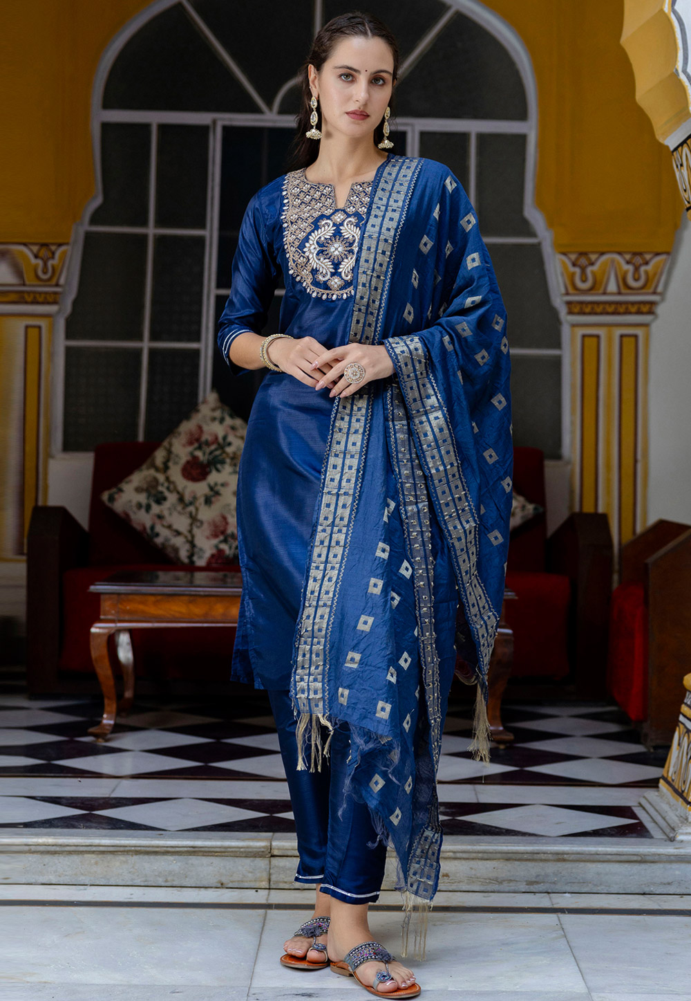 Navy Blue Cotton Silk Readymade Pakistani Suit 312145