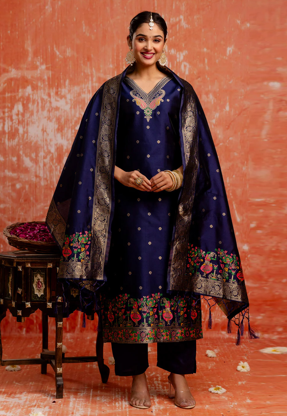 Navy Blue Cotton Silk Readymade Pant Style Suit 307110
