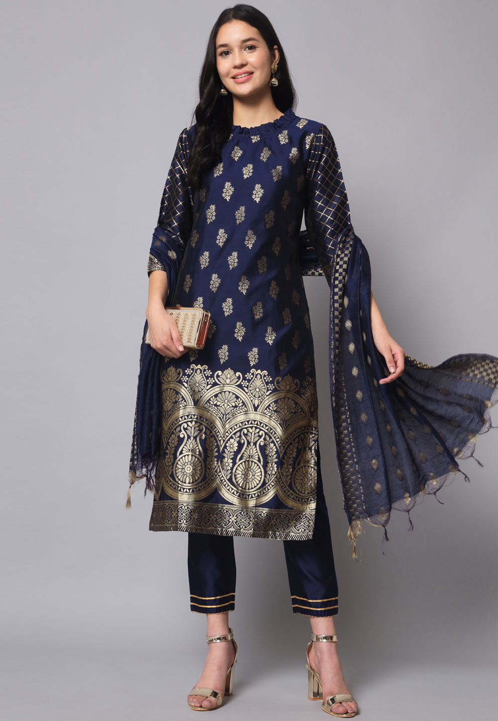 Navy Blue Cotton Silk Readymade Pant Style Suit 312201