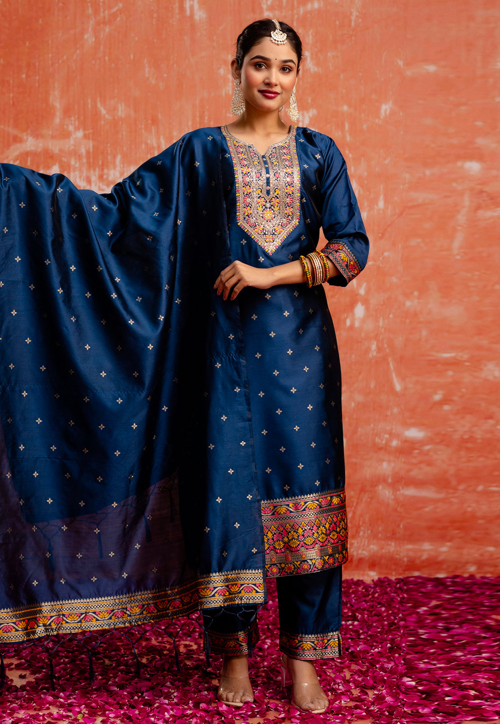 Navy Blue Cotton Silk Readymade Pant Style Suit 311350