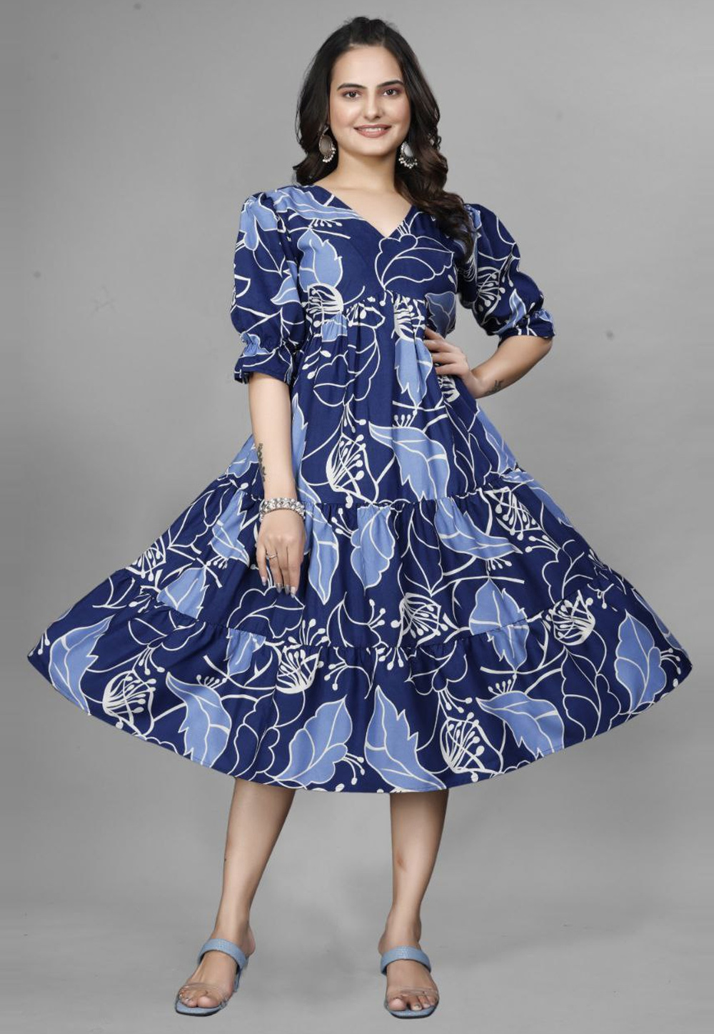 Navy Blue Crepe Printed Gown 308177
