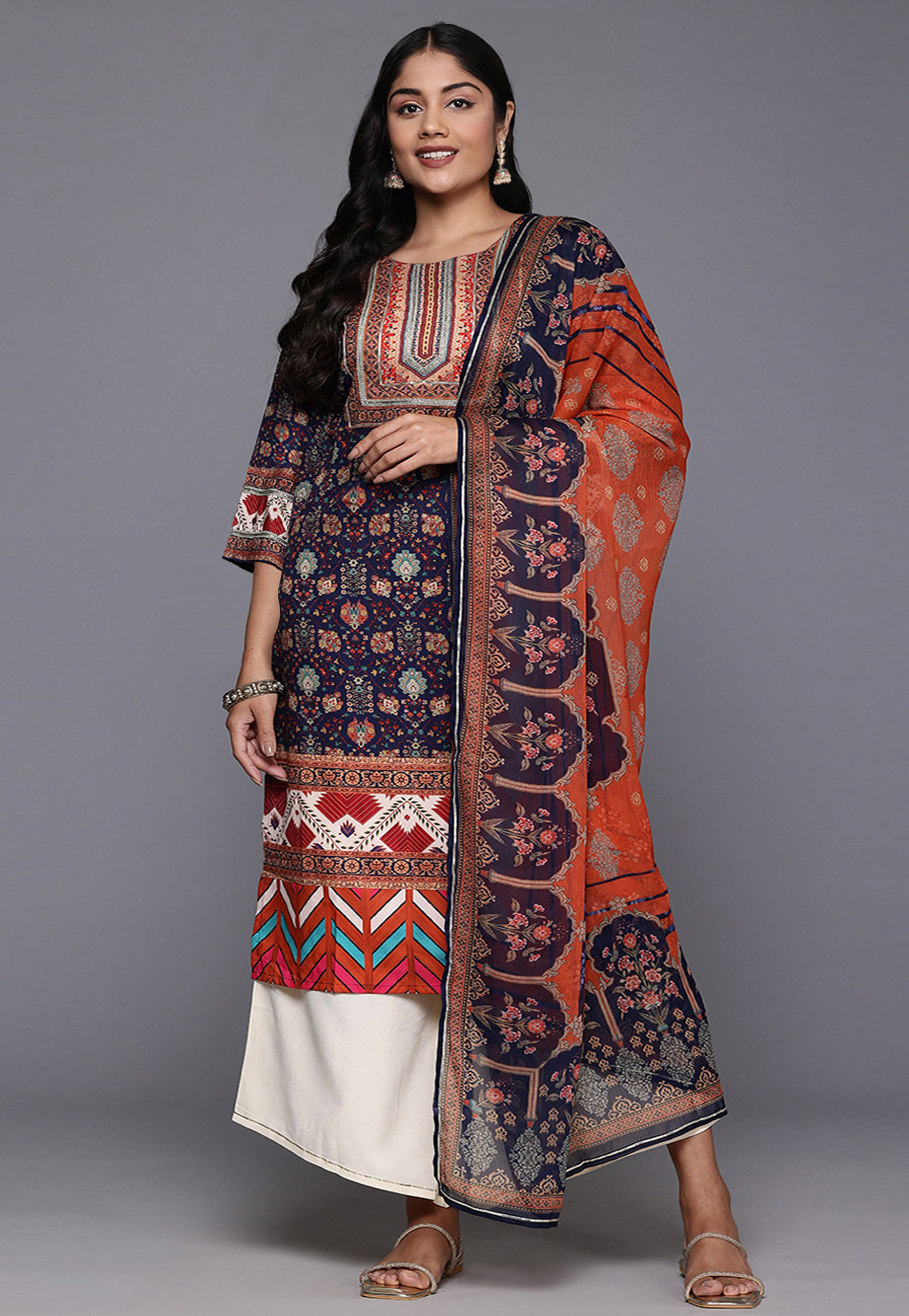Navy Blue Crepe Readymade Palazzo Suit 308897