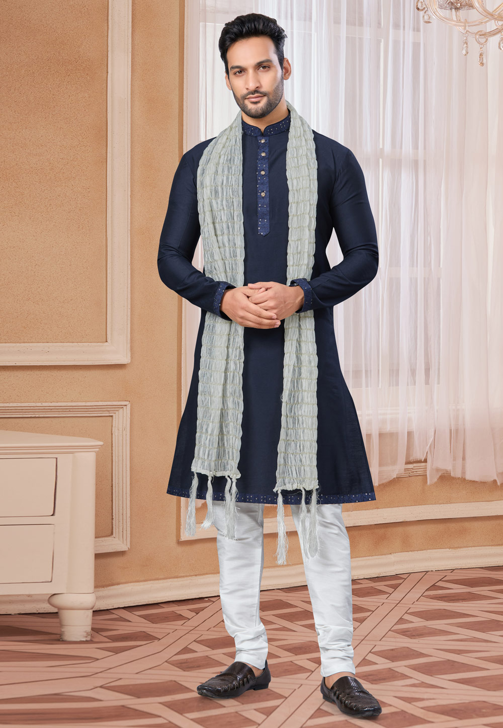 Navy Blue Crepe Silk Kurta Pajama 307669