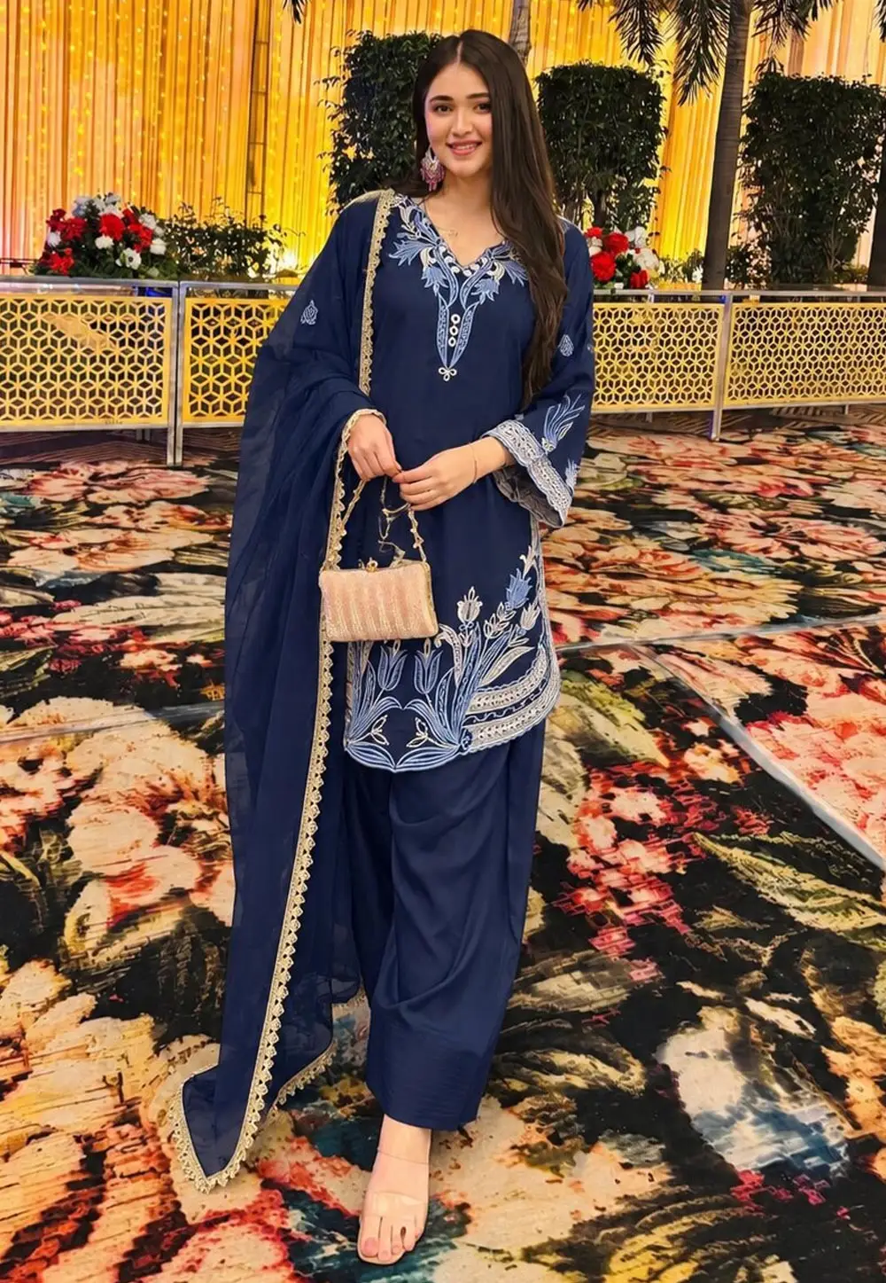 Navy Blue Crepe Silk Readymade Patiala Suit 335187