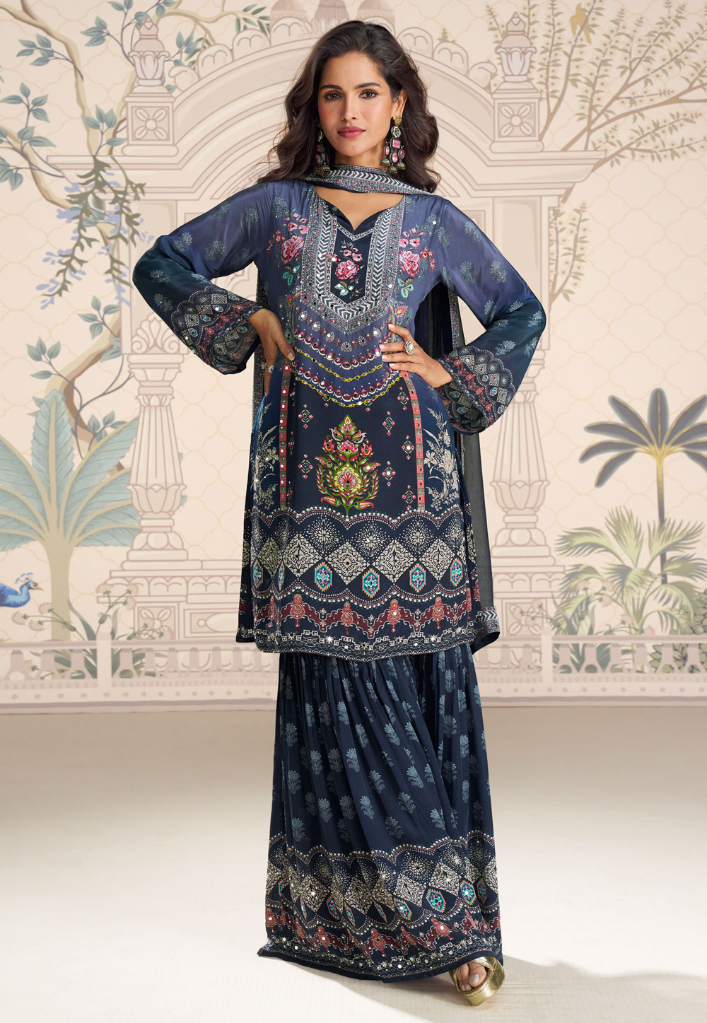 Navy Blue Crepe Silk Sharara Suit 319359