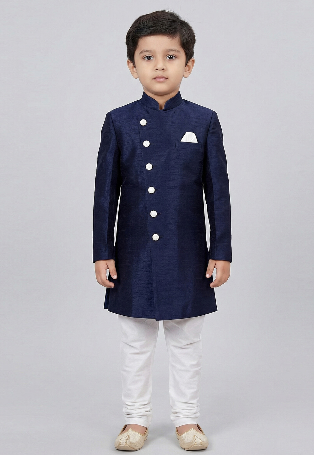 Navy Blue Dupion Kids Indo Western Suit 323132