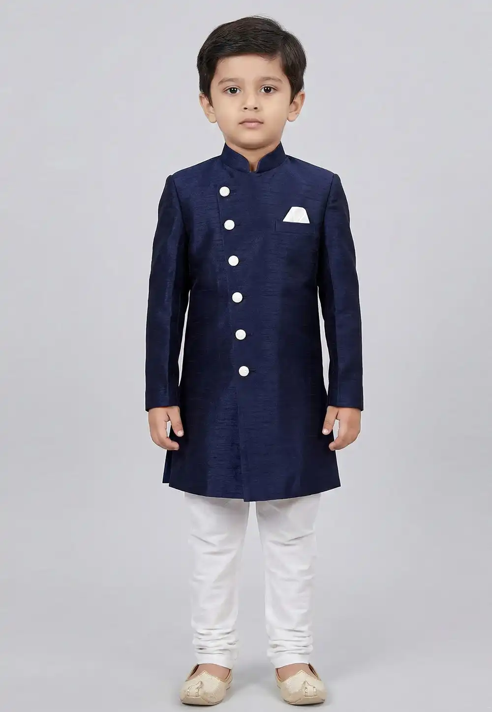 Navy Blue Dupion Kids Indo Western Suit 323132