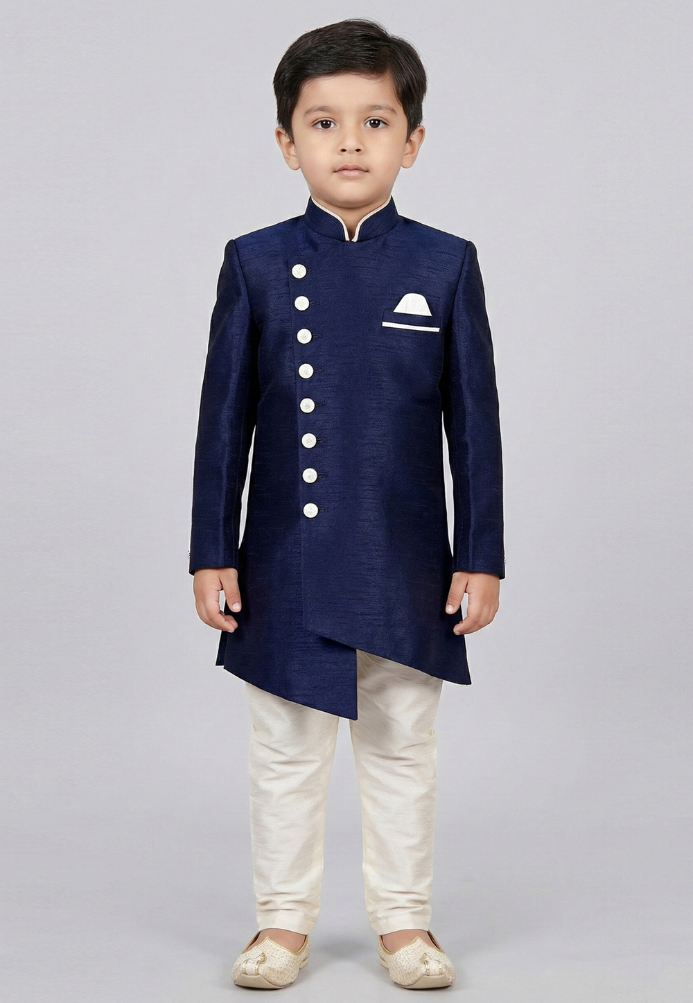 Navy Blue Dupion Kids Indo Western Suit 323143