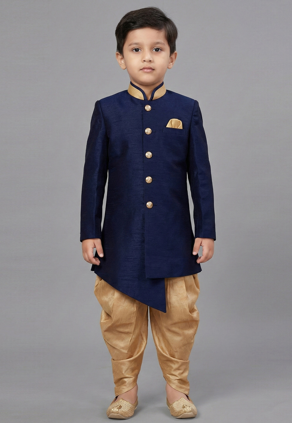 Navy Blue Dupion Kids Indo Western Suit 323151