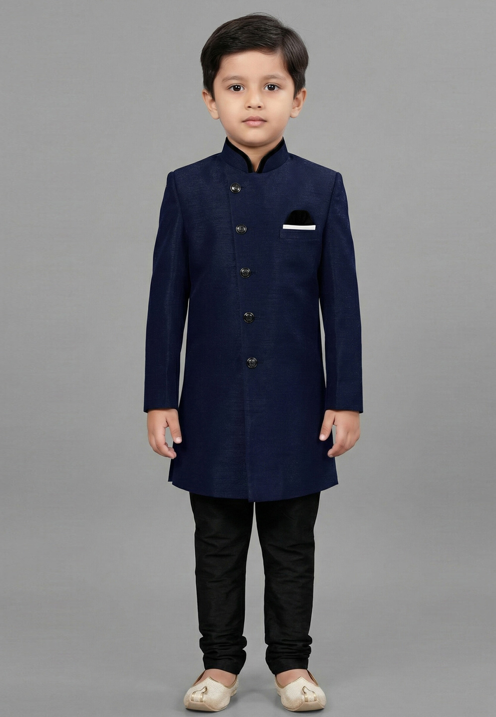 Navy Blue Dupion Kids Indo Western Suit 323156