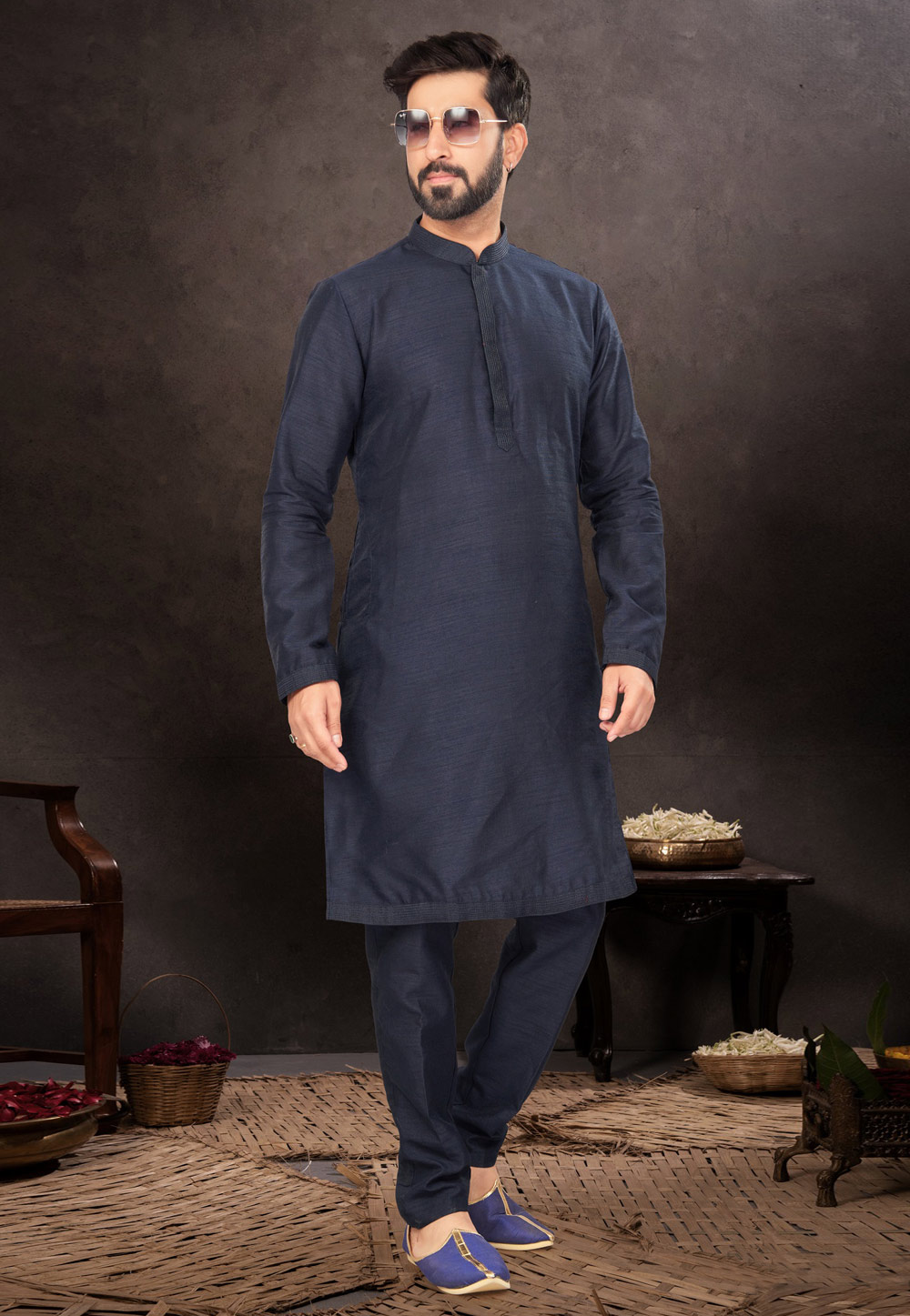 Navy Blue Dupion Kurta Pajama 283941