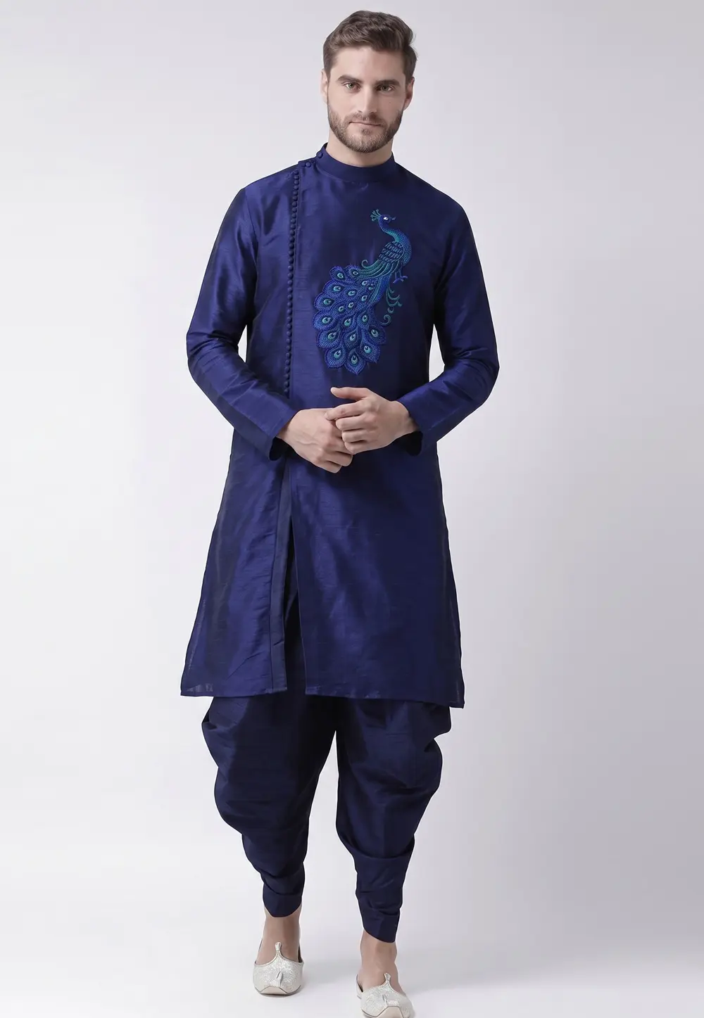 Navy Blue Dupion Silk Dhoti Kurta 331946
