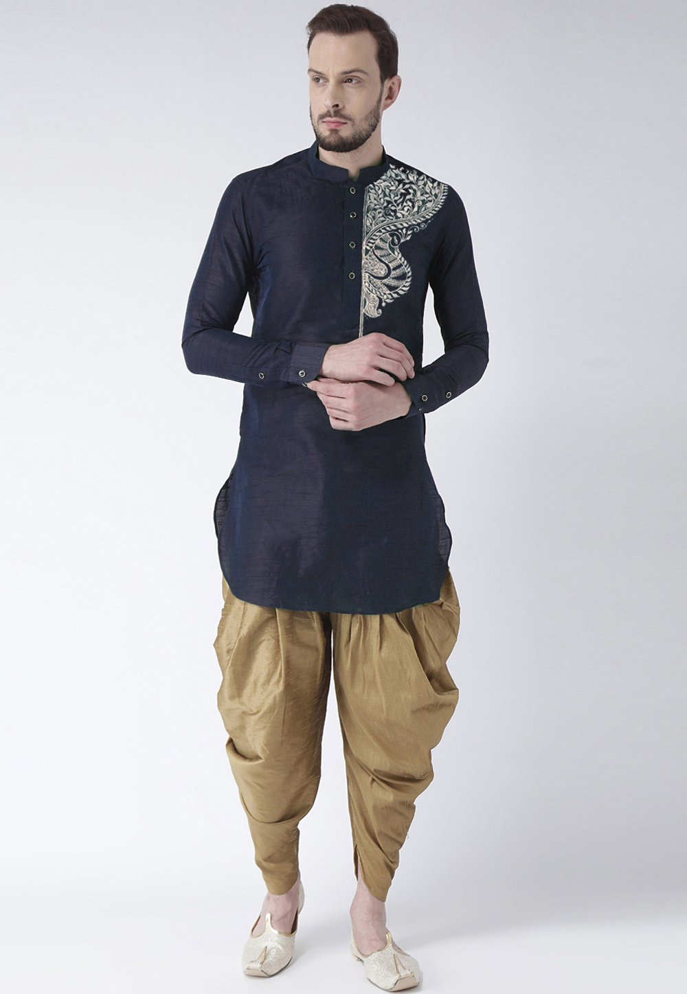 Navy Blue Dupion Silk Dhoti Kurta 304892