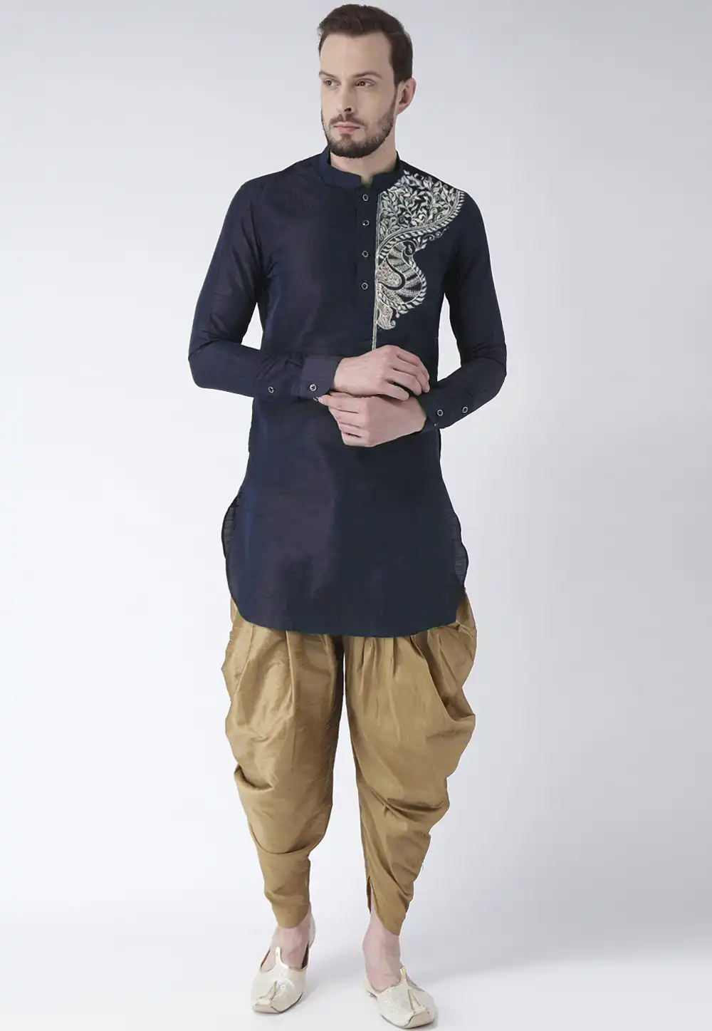 Navy Blue Dupion Silk Dhoti Kurta 304892