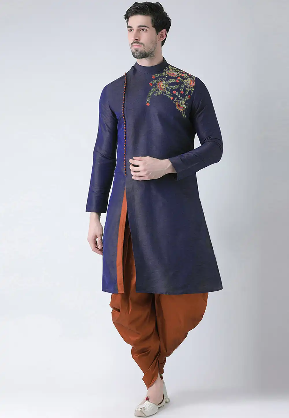 Navy Blue Dupion Silk Dhoti Kurta 284905