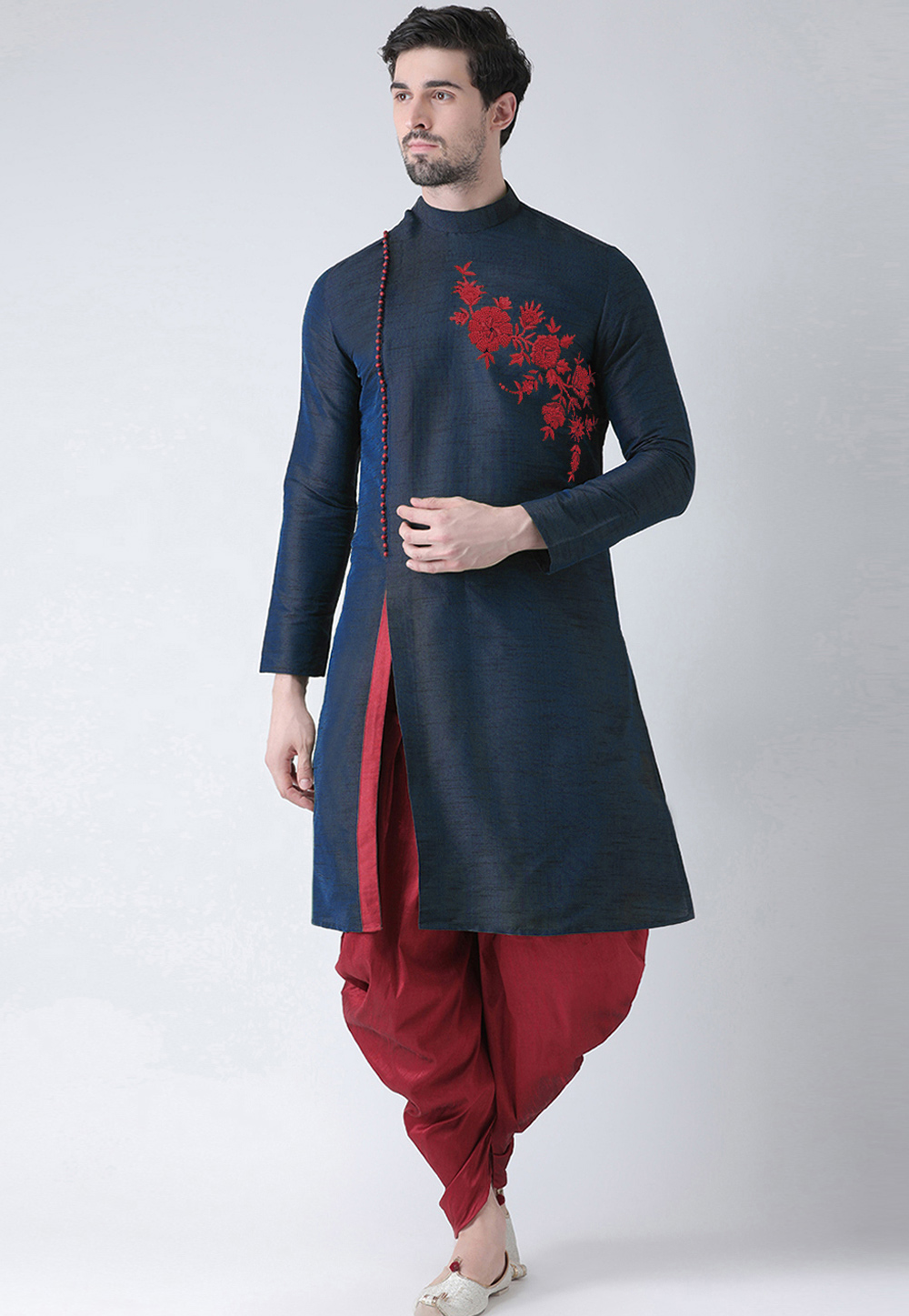 Navy Blue Dupion Silk Dhoti Kurta 284908