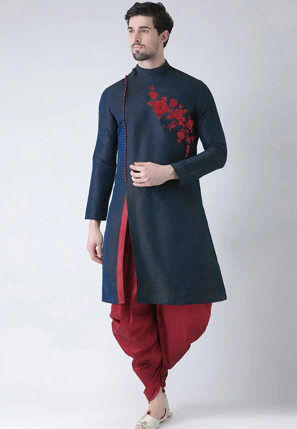 Navy Blue Dupion Silk Dhoti Kurta 284908
