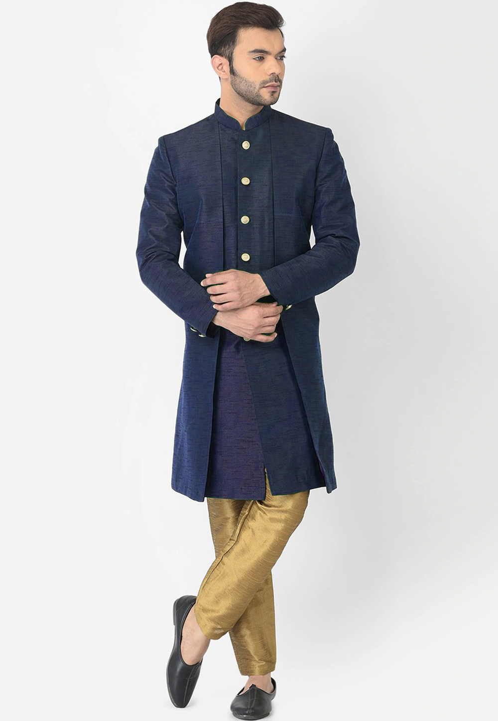 Navy Blue Dupion Silk Indo Western Suit 279708