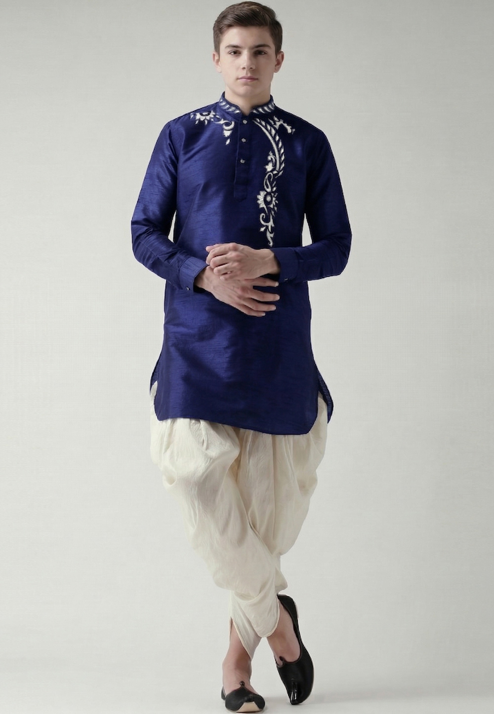 Navy Blue Dupion Silk Kids Dhoti Kurta 329326