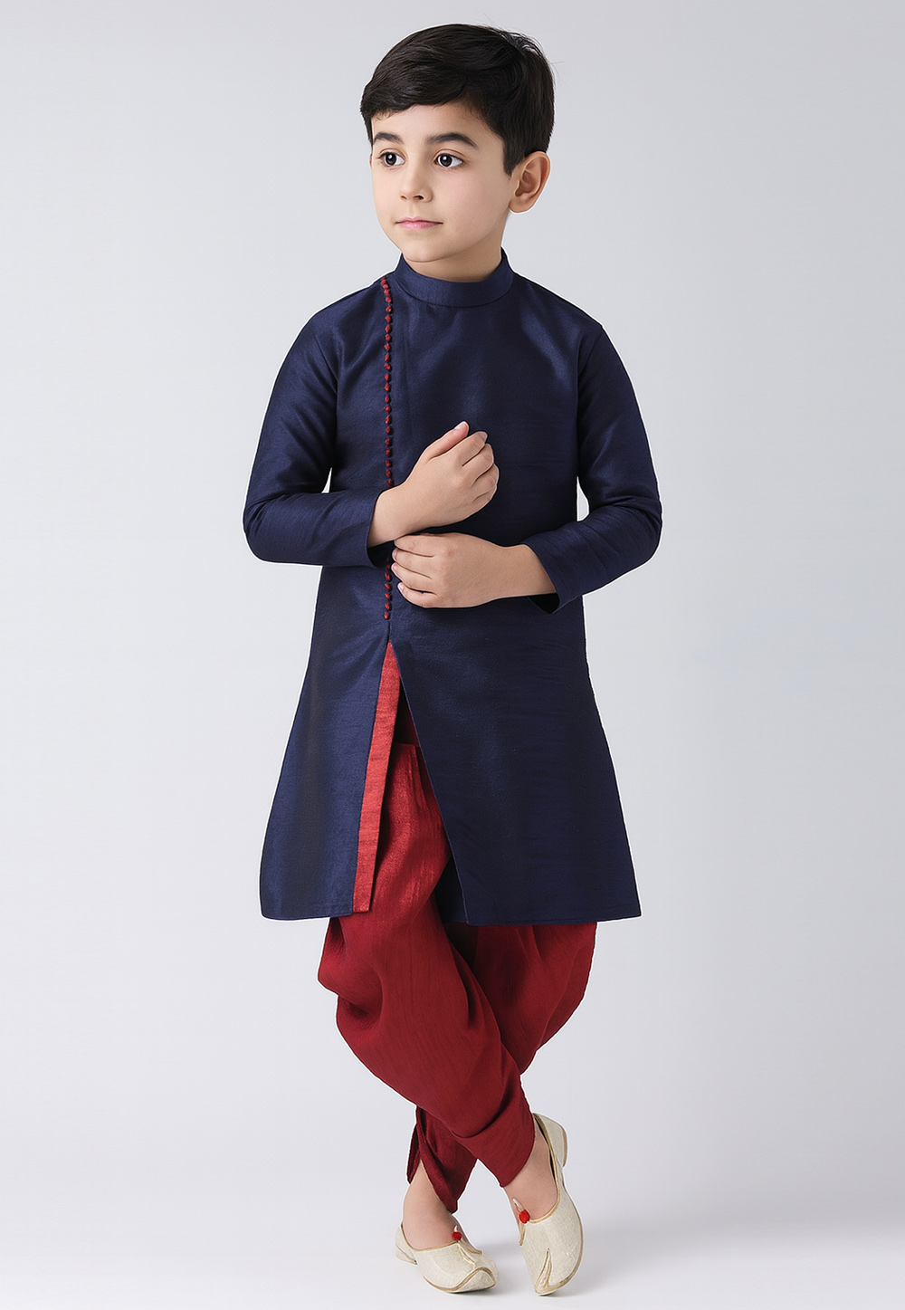 Navy Blue Dupion Silk Kids Dhoti Kurta 320580