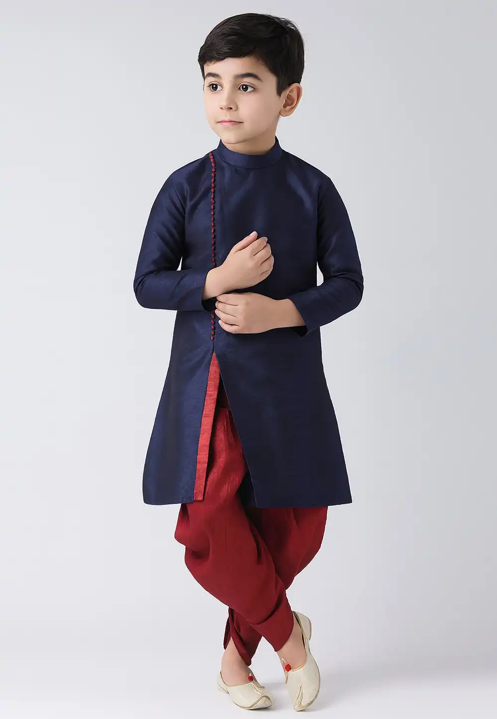 Navy Blue Dupion Silk Kids Dhoti Kurta 320580