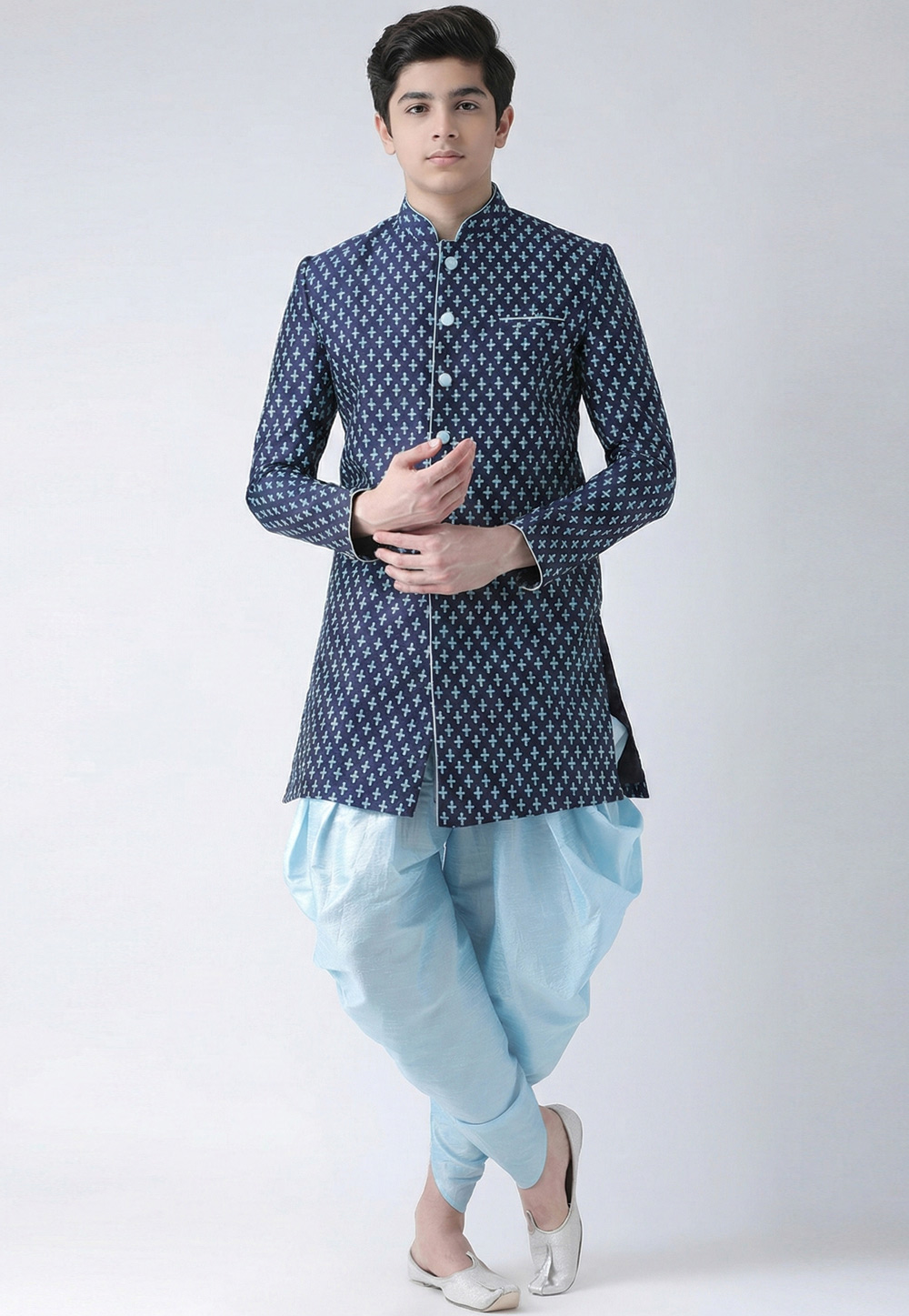 Navy Blue Dupion Silk Kids Indo Western Suit 325368