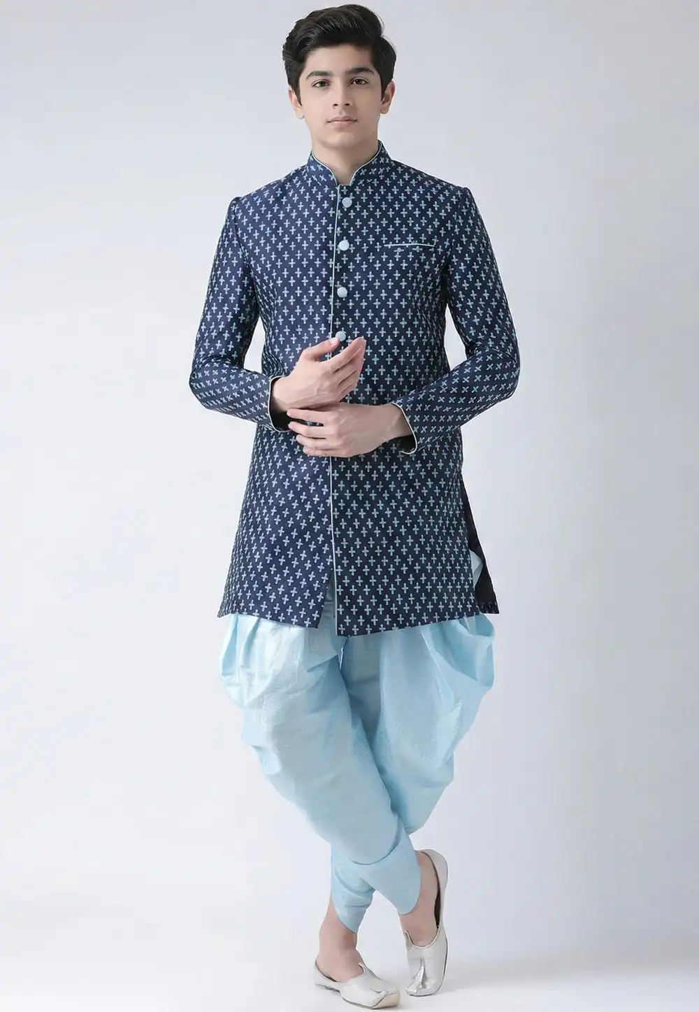 Navy Blue Dupion Silk Kids Indo Western Suit 325368