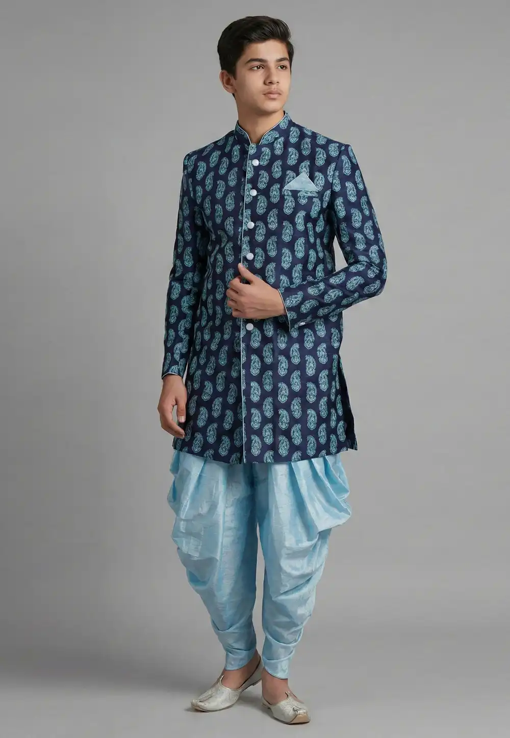 Navy Blue Dupion Silk Kids Indo Western Suit 325369