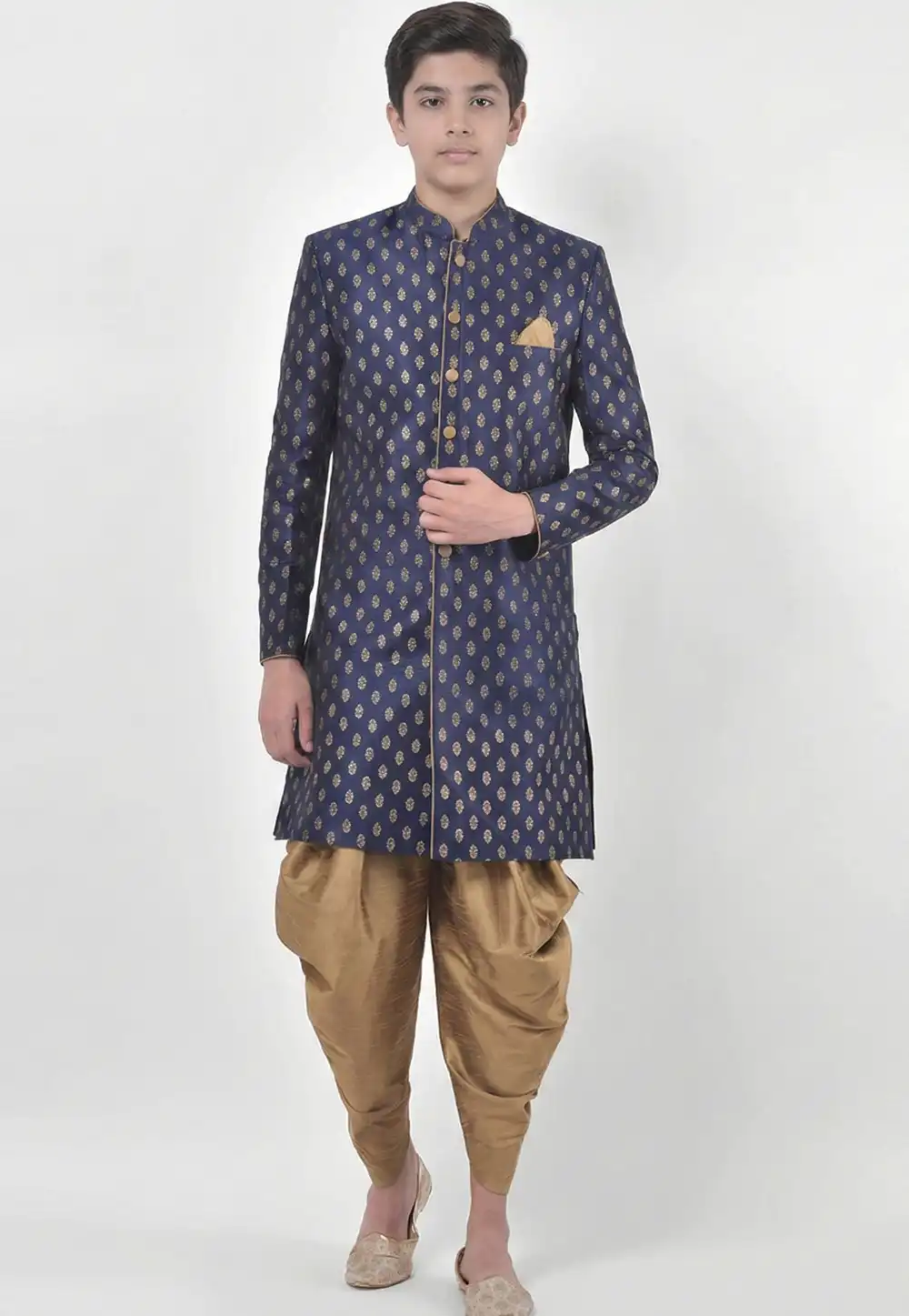 Navy Blue Dupion Silk Kids Indo Western Suit 325374