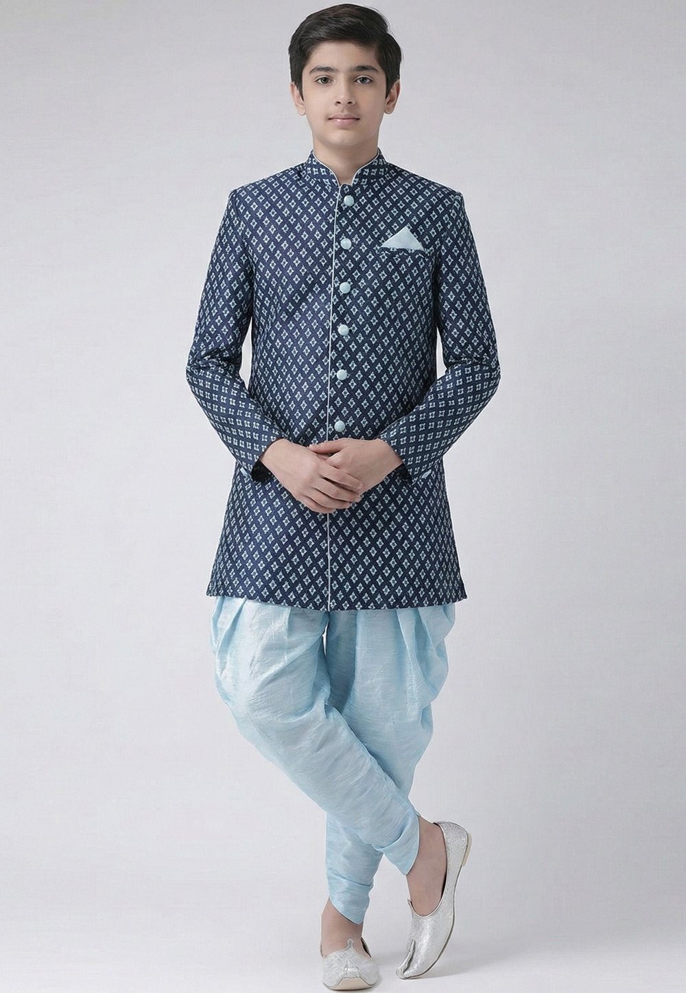 Navy Blue Dupion Silk Kids Indo Western Suit 325379