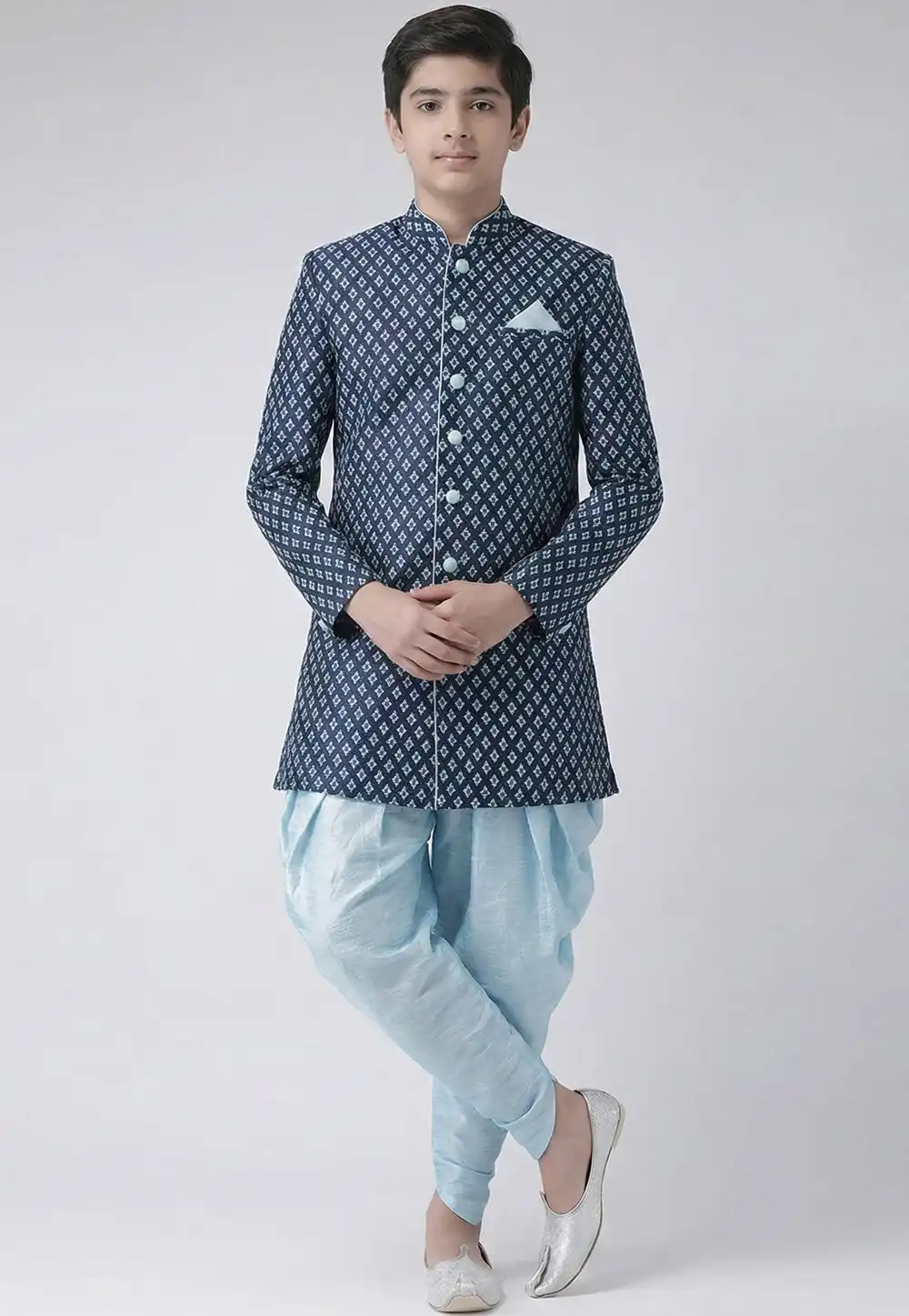 Navy Blue Dupion Silk Kids Indo Western Suit 325379