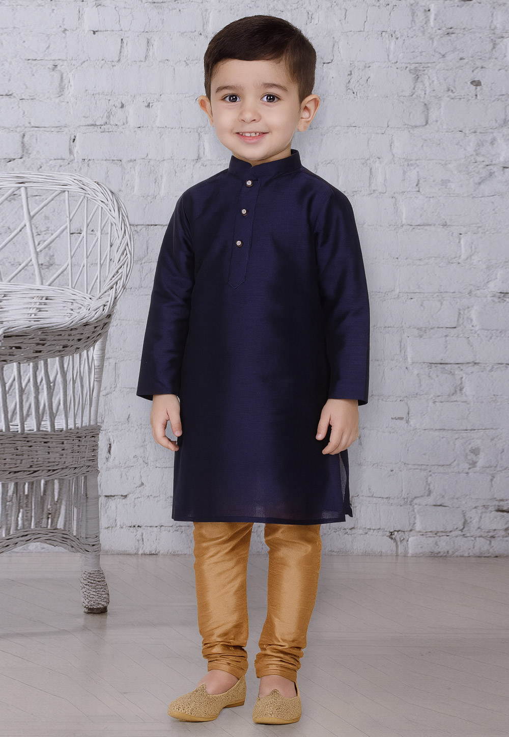 Navy Blue Dupion Silk Kids Kurta Pajama 320799