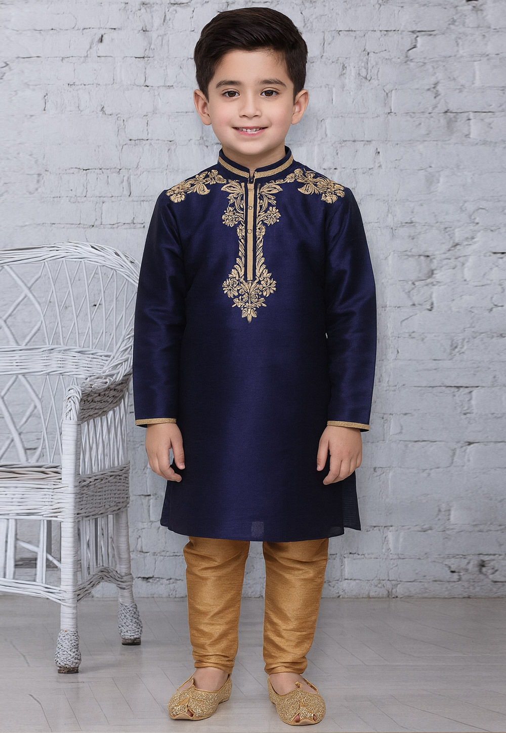 Navy Blue Dupion Silk Kids Kurta Pajama 320809