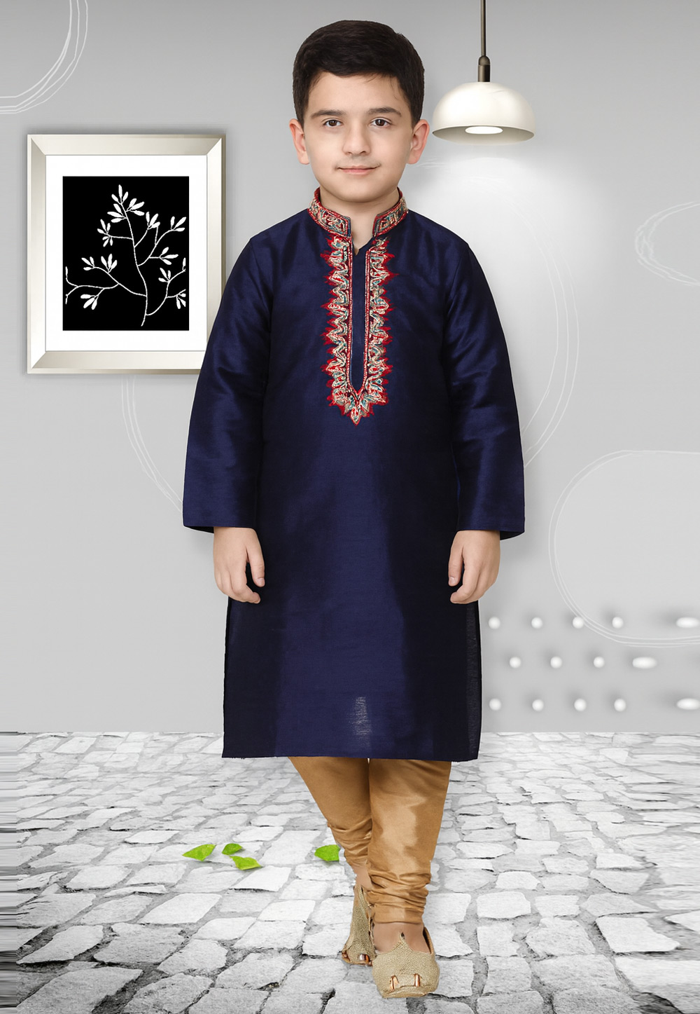 Navy Blue Dupion Silk Kids Kurta Pajama 320831