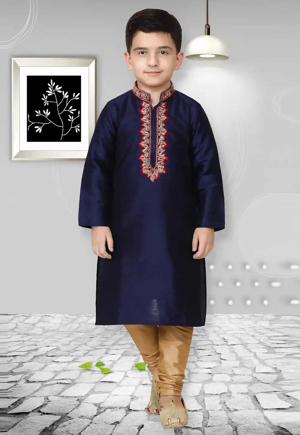 Navy Blue Dupion Silk Kids Kurta Pajama 320831