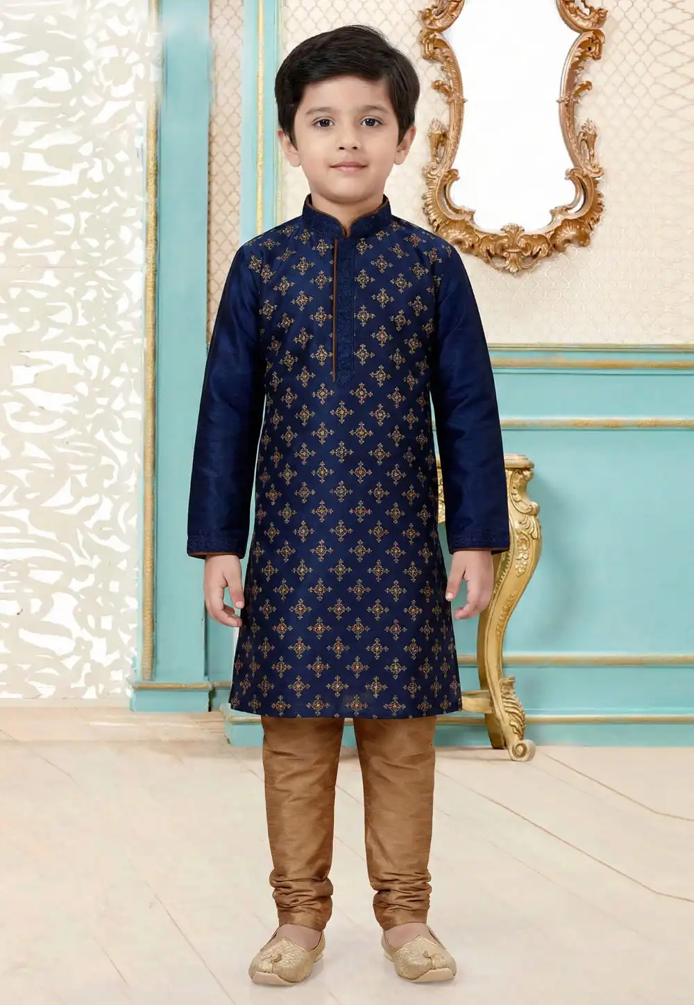 Navy Blue Dupion Silk Kids Kurta Pajama 323160