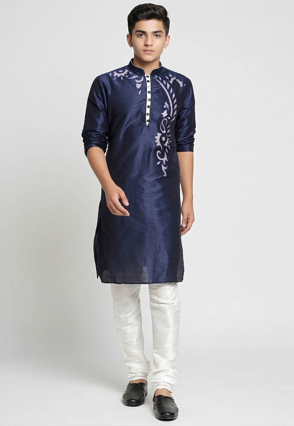 Navy Blue Dupion Silk Kids Kurta Pajama 329322