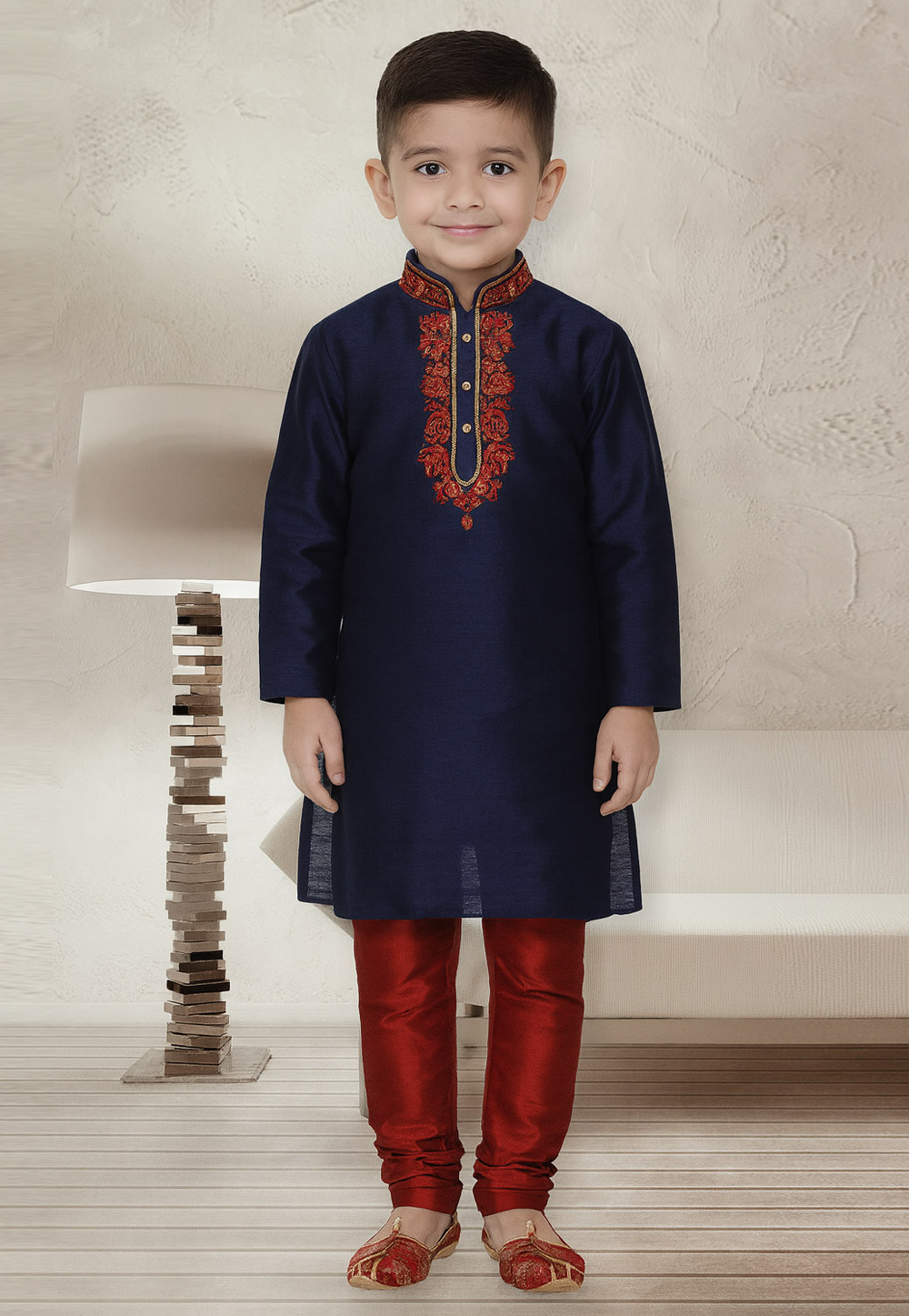 Navy Blue Dupion Silk Kids Kurta Pajama 320782
