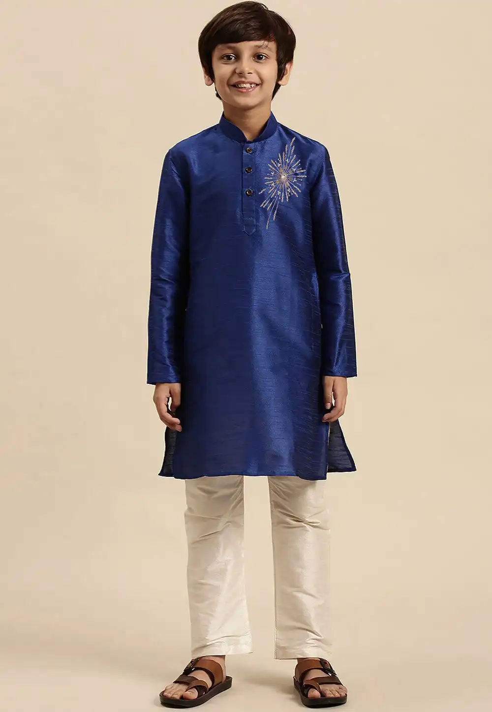 Navy Blue Dupion Silk Kids Kurta Pajama 316894
