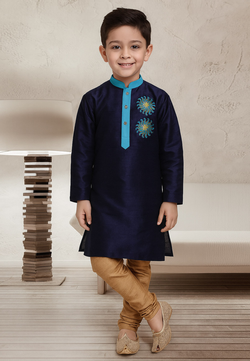 Navy Blue Dupion Silk Kids Kurta Pajama 320794