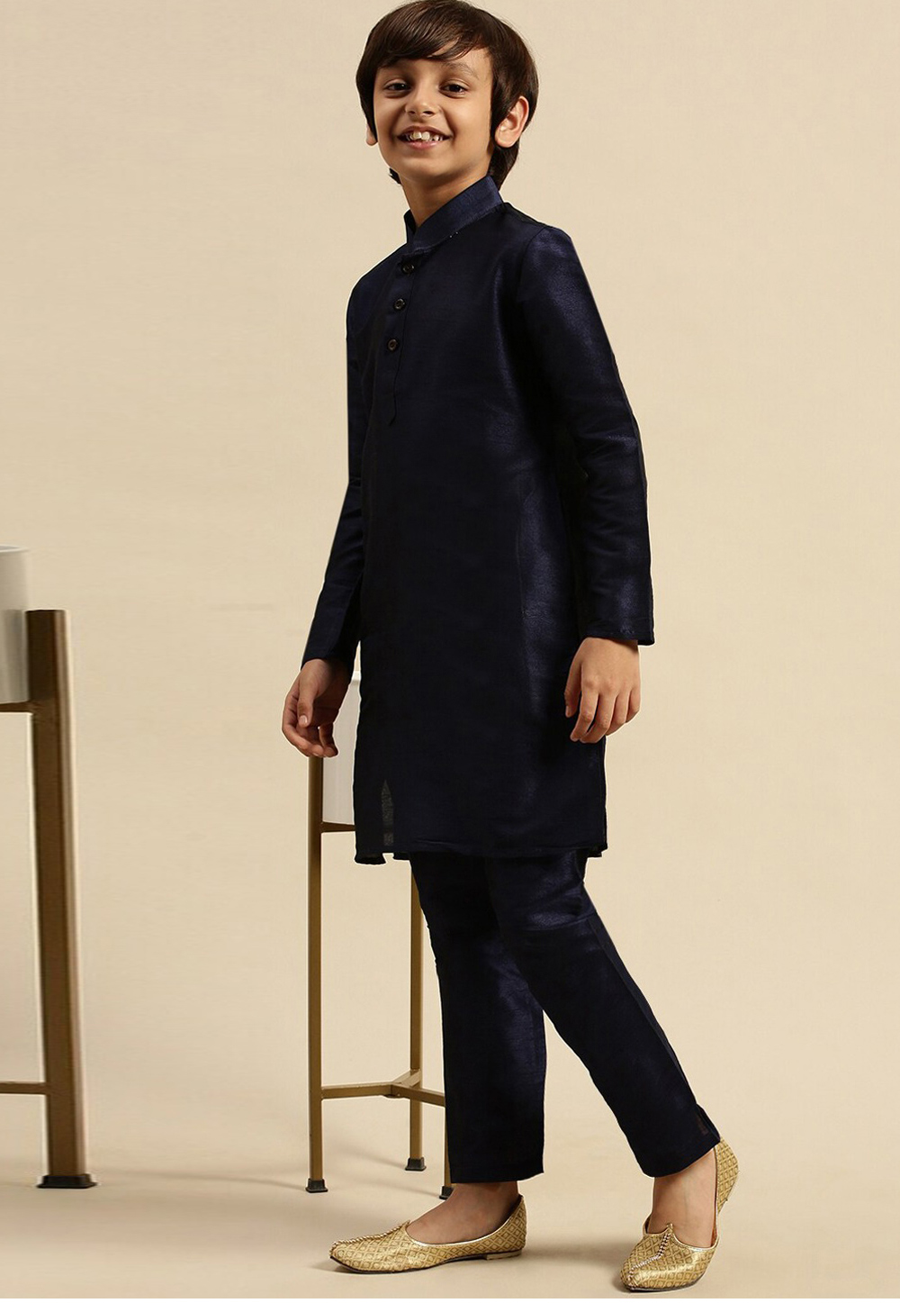 Navy Blue Dupion Silk Kids Kurta Pajama 286556