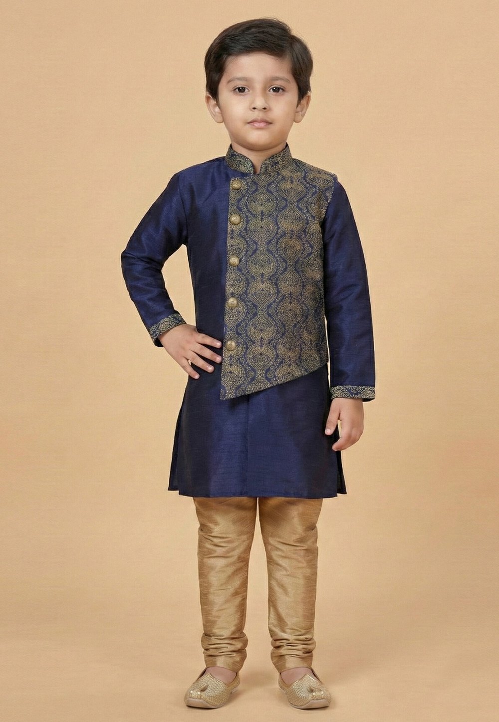 Navy Blue Dupion Silk Kids Kurta Pajama 323531