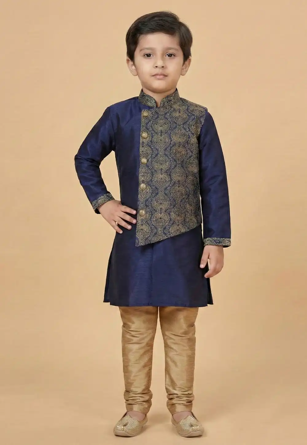Navy Blue Dupion Silk Kids Kurta Pajama 323531
