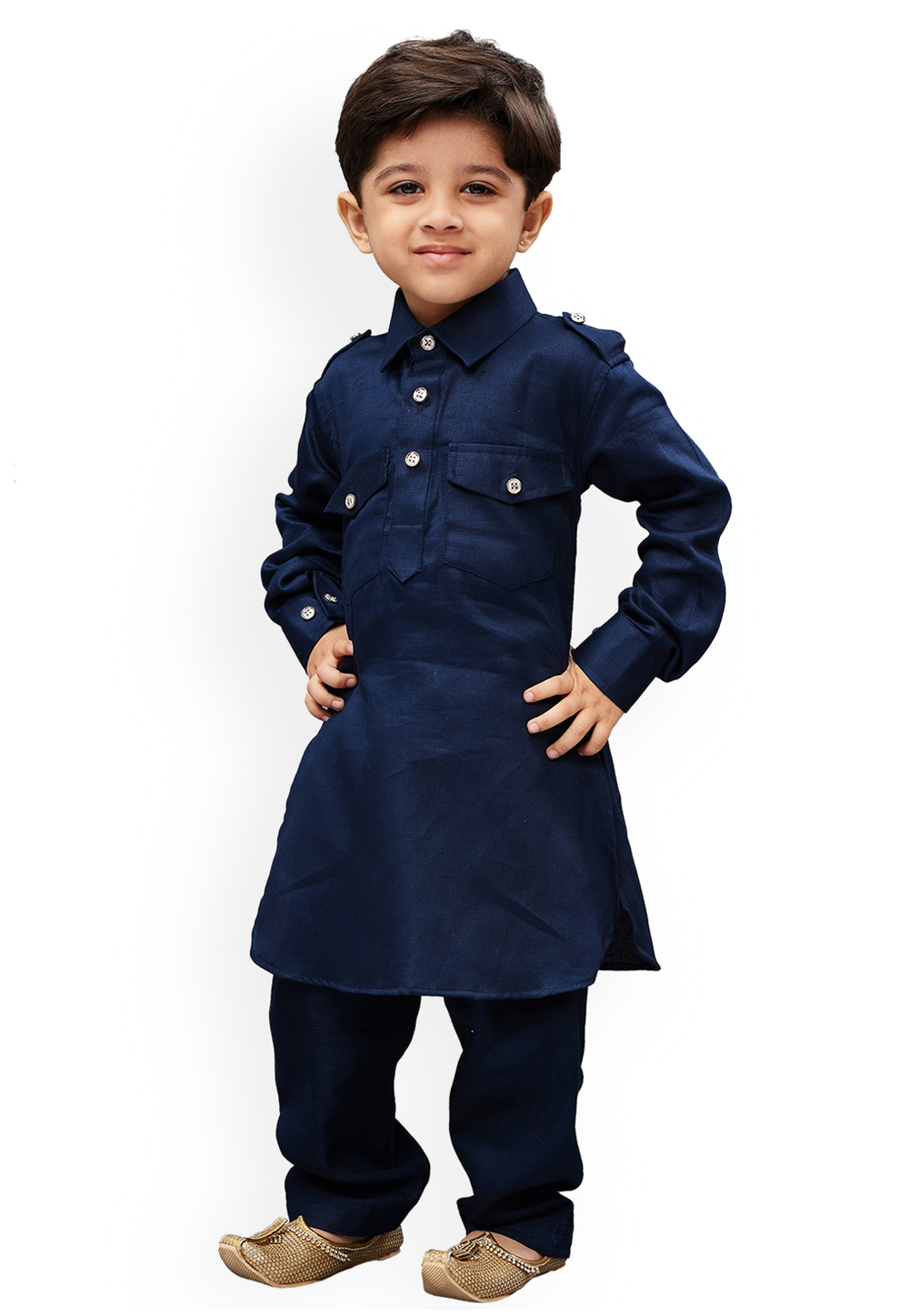 Navy Blue Dupion Silk Kids Pathani Suit 312079