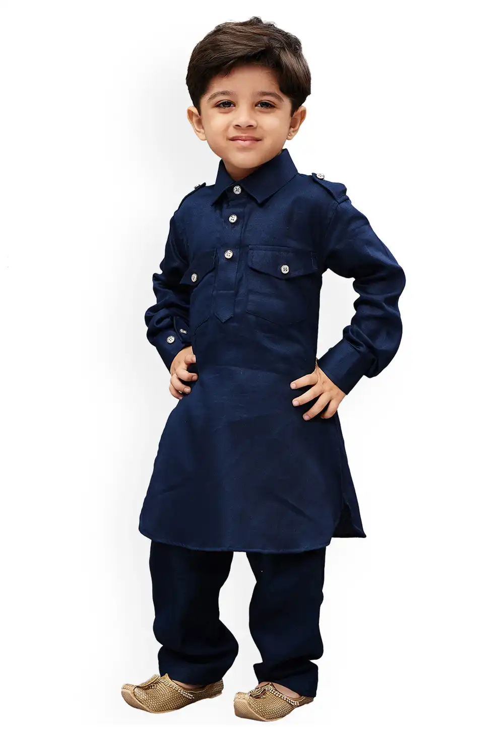 Navy Blue Dupion Silk Kids Pathani Suit 312079