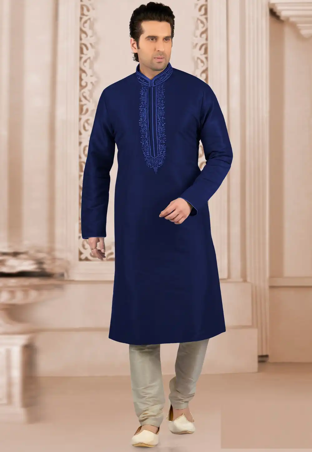 Navy Blue Dupion Silk Kurta Pajama 309768